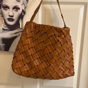 Woven Cognac Faux Leather Tote Bag